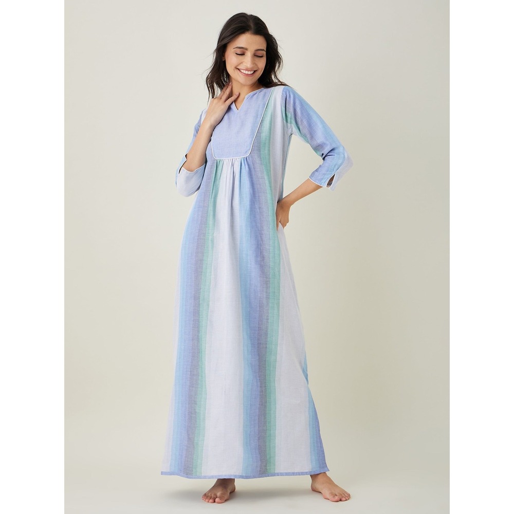 The Kaftan Company Pastel Blue Striped Handloom Cotton Nightdress 3XL New W/ Tag